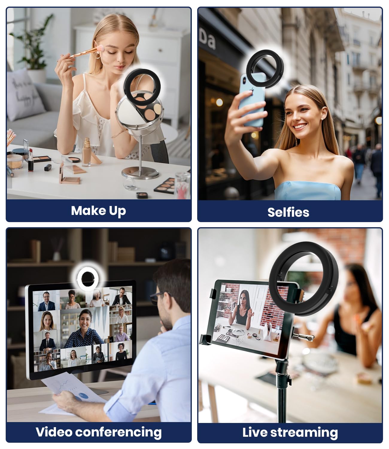 Luce ad anello per selfie, 40 LED, luce ad anello con tre modalità di colore, anello di ricarica USB, per cellulare, laptop, riunioni di zoom, trucco, videochiamate, streaming (nero)