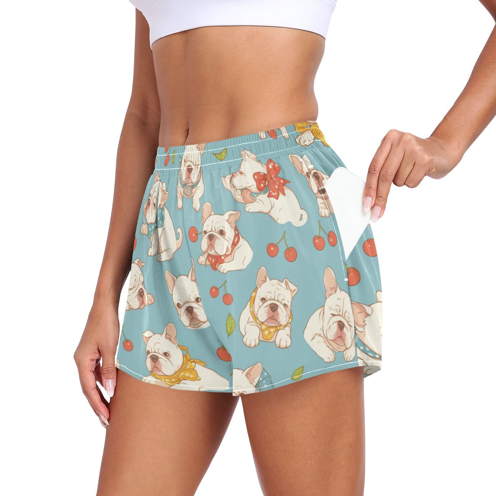 Cartoon Cute White Bulldog Cherry Women's Athletic Shorts Ouick Dry Teens Sport Shorts for Running Walking Workout Beach Lounge Short para DAMA L