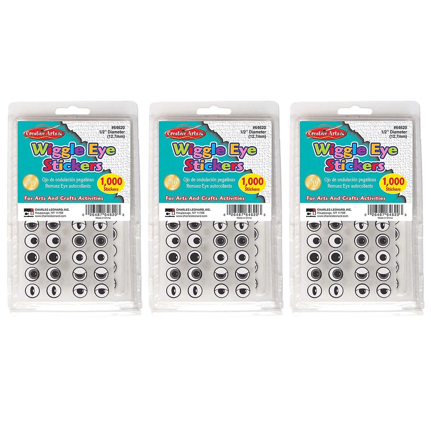 Charles Leonard Wiggle Eyes Stickers, Black, 1000 Per Pack, 3 Packs