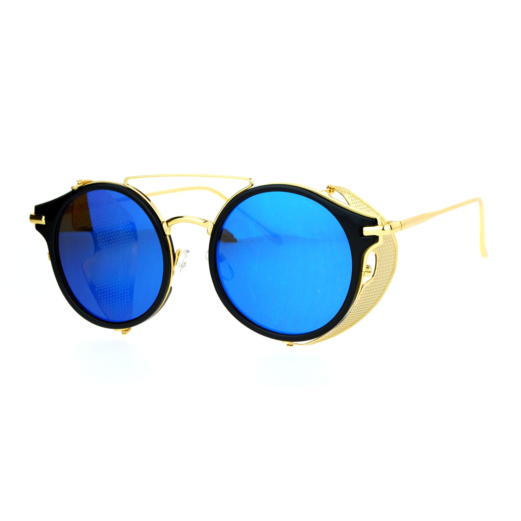 SA106 Steampunk Vintage Folding Side Visor Round Mirrored Sunglasses
