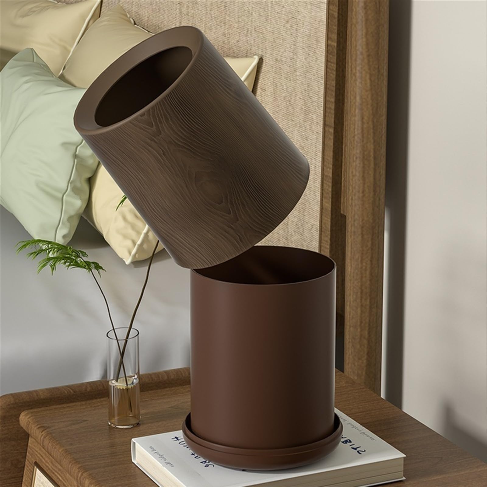 Cubierta de cocina Papelera retro de madera veteada sin tapa, papelera con parte superior abierta, escritorio redonda base y cubo revestimiento, for sala estar, dormitorio, oficina para Office