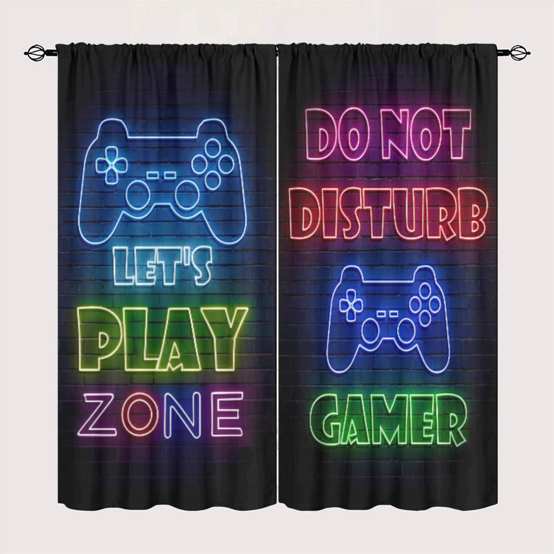 GY Gamepad Gamer Curtains, Decorative Curtain Video Games Controller Neon Sign Design Window Curtain Fabric Kids Decor Thermal Insulating Blackout