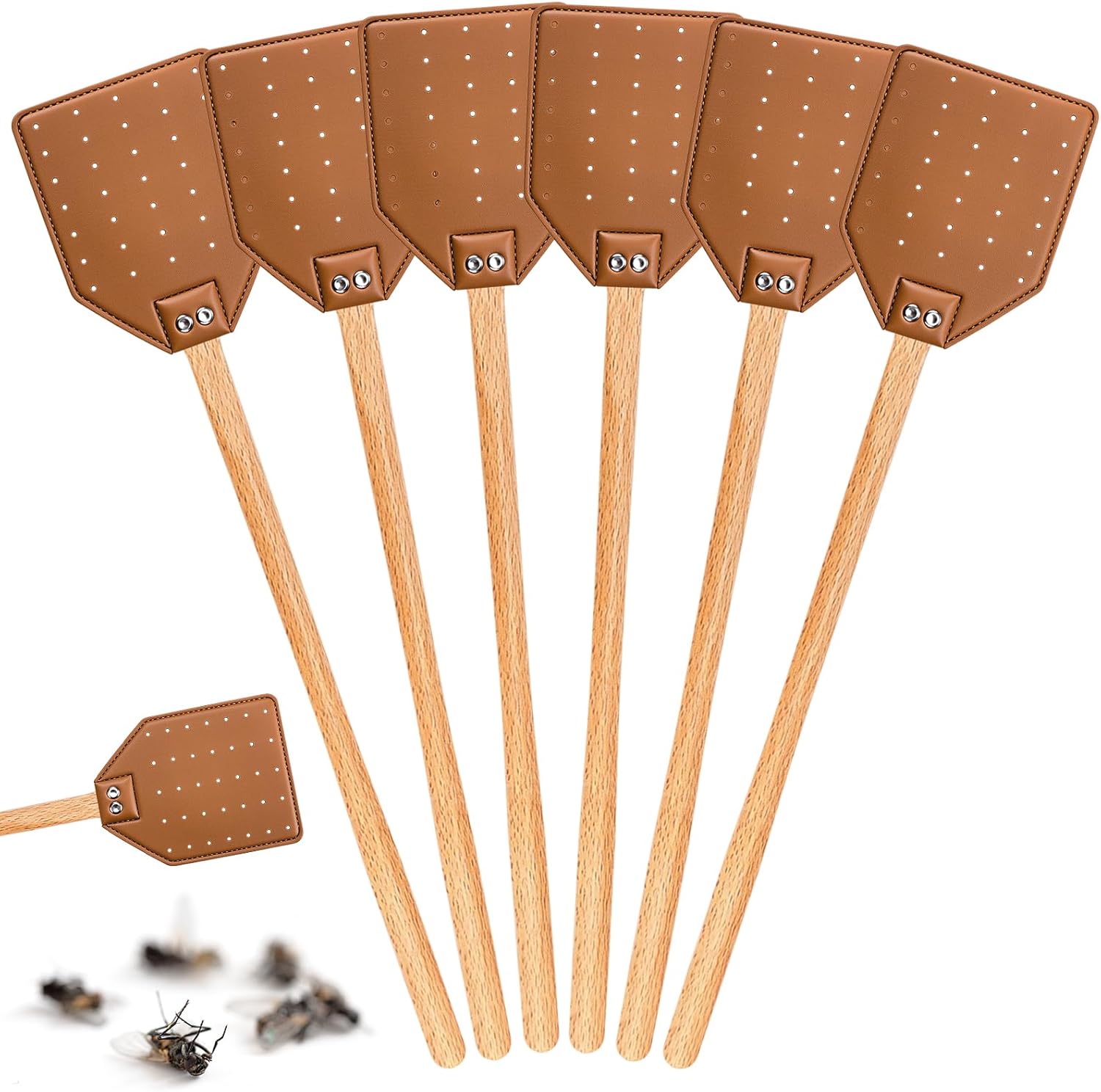 Sotiff 6 Pack Heavy-Duty Leather Fly Swatter Set - 19.7'' Handle Beech Wood Fly Swatters with Hanging Rope Rustic Style Bug Swatter for Indoors & Outdoor, Flies Mosquitoes Bees