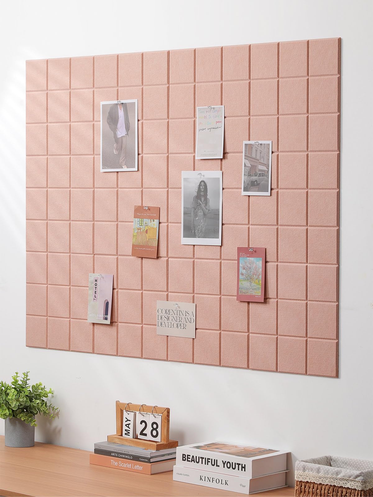 Große Korktafel, Filz-Wandfliesen mit sicherem, entfernbarem Klebstoff, Pinnwand für Büro, Pinnwand für Quilt-Design und Dart-Wandschutz, 121,9 x 91,4 cm, Rosa, Elfenbeinfarben, 12 Stück