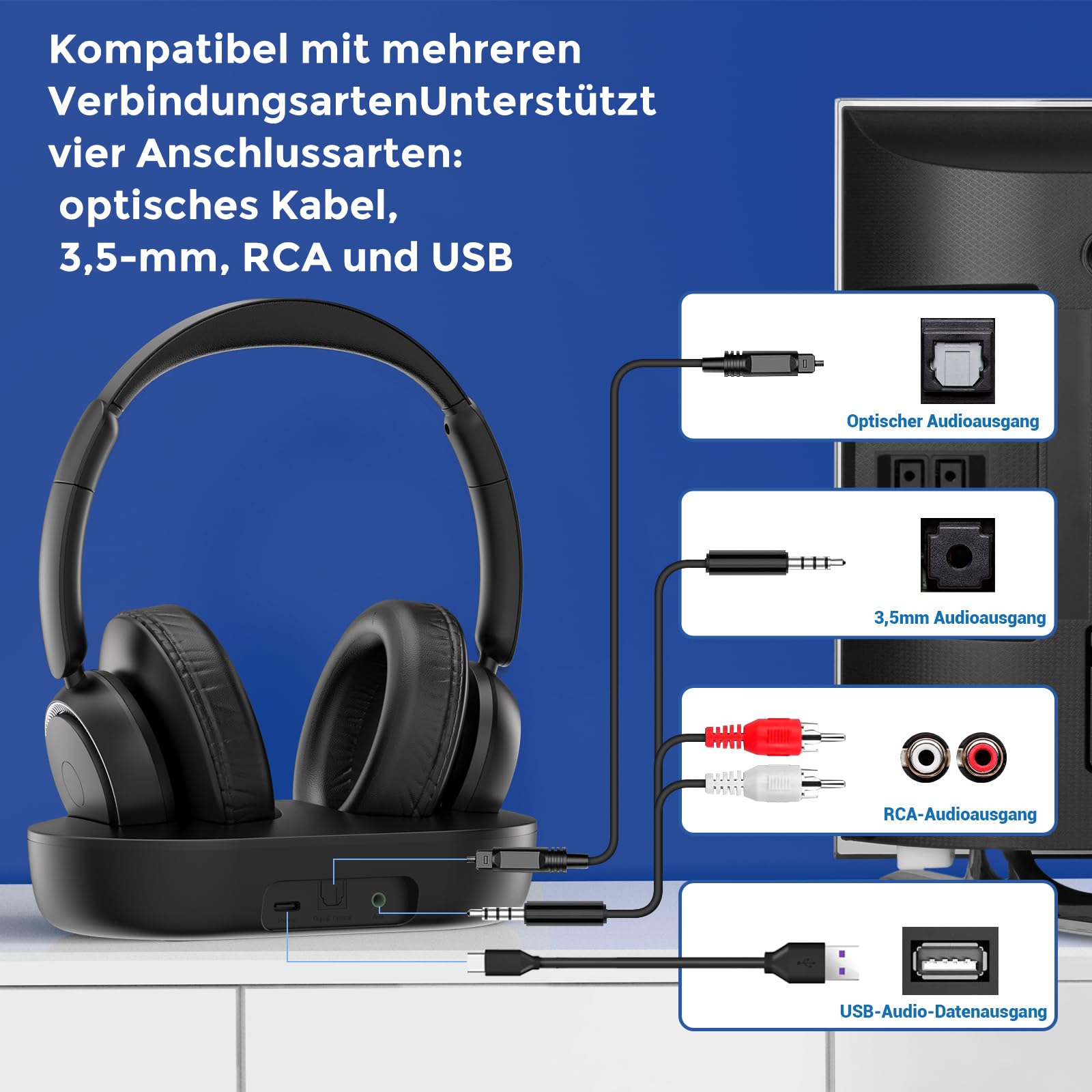 Funkkopfhörer für Fernseher, kabellose TV-Kopfhörer mit TV-Sender-Ladestation für Senioren,Keine Audioverzögerung, Geeignet für Senioren oder Eltern, Schwarz