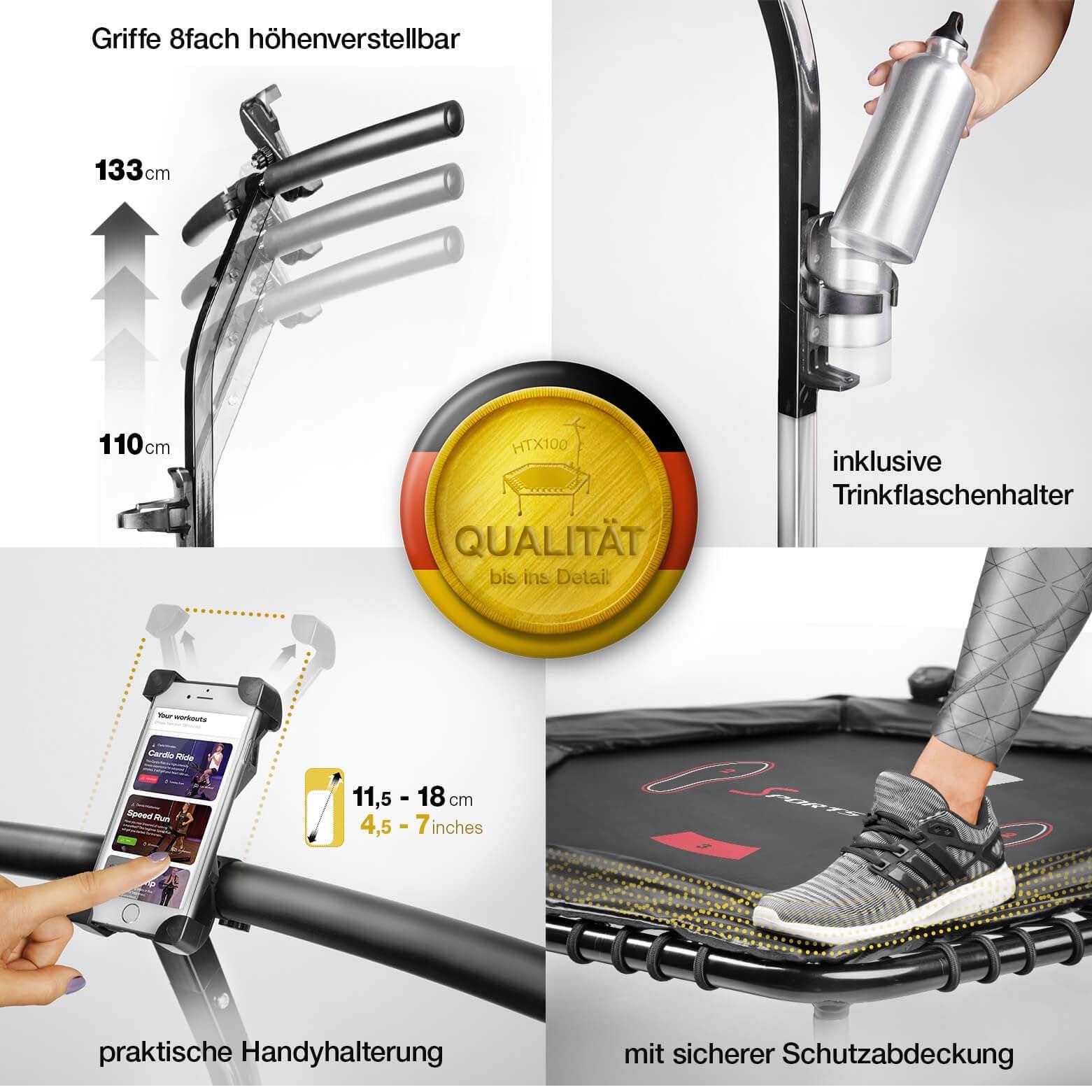 Sportstech HTX100 Trampolin, klappbar | Deutsche Qualitätsmarke | Fitness Trampolin mit Haltegriff | Indoor Jumping für Kinder und Erwachsene | Sprungzähler, APP