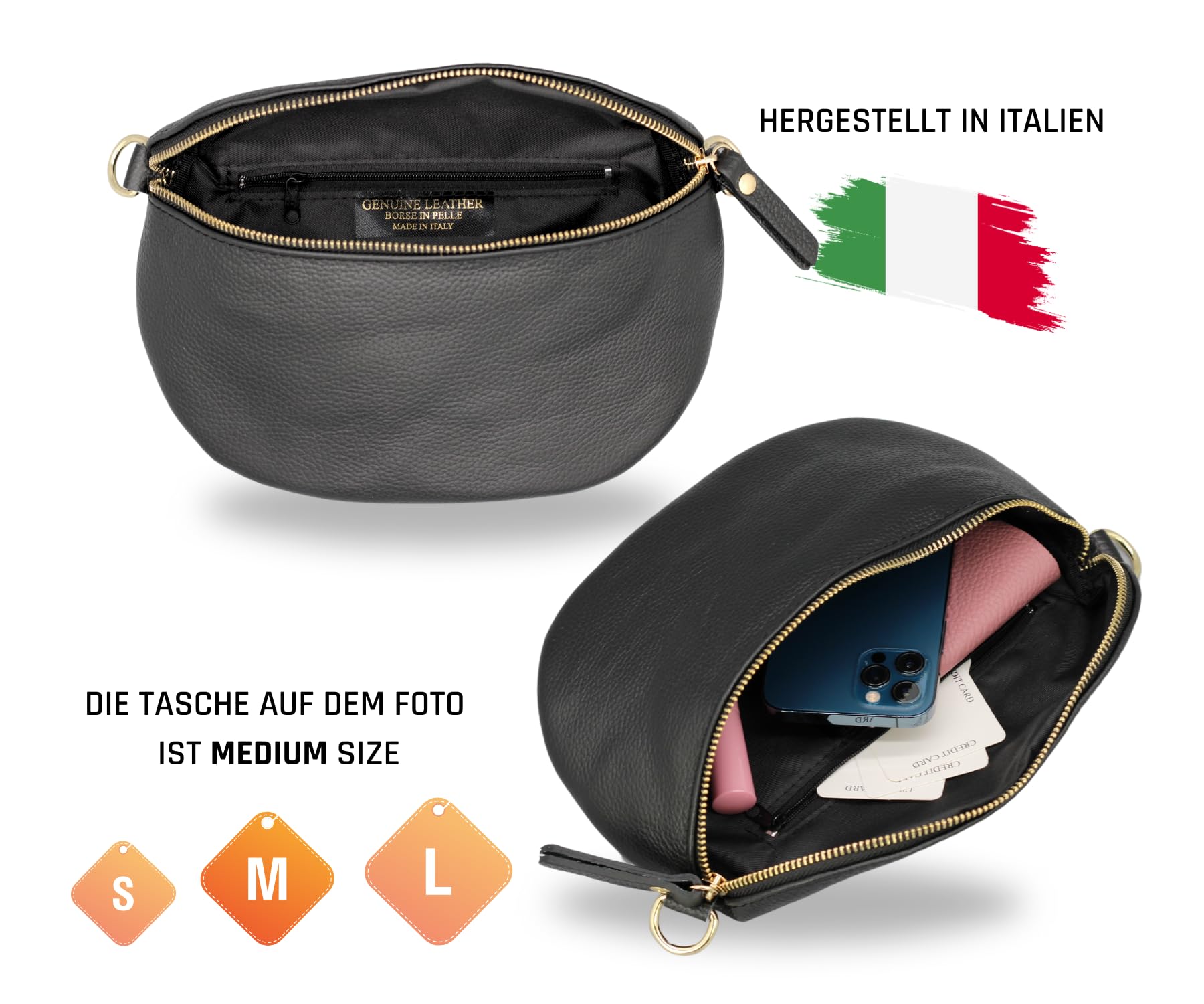 Adel Bags EMMA Gold Bauchtasche Echtleder Handgefertigt Crossbody Bag | Damen Umhängetasche, Echtes Leder, Schultertasche mit Ledergurt & wahlweise gemustertem Riemen, 2 Fächer, Made in Italy