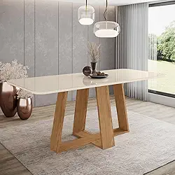 Mesa de Jantar para 8 Lugares 2m Tampo Mdf e Vidro Canto Arredondado Lins Nature/Off White