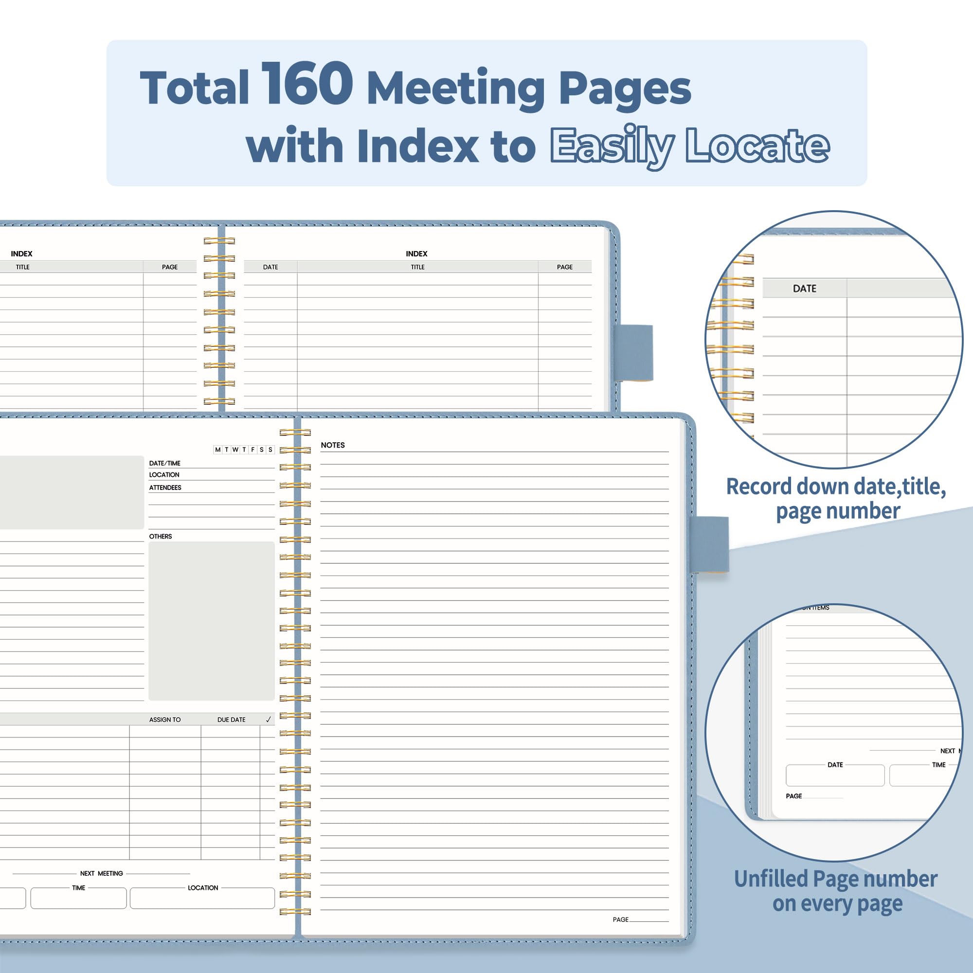 SUNEE Half Meeting Half Note - Taccuino professionale per lavoro, 19 x 25 cm, 160 pagine, formato B5, agenda a spirale, per donne e uomini, per prendere appunti, ufficio, con copertina in pelle vegana