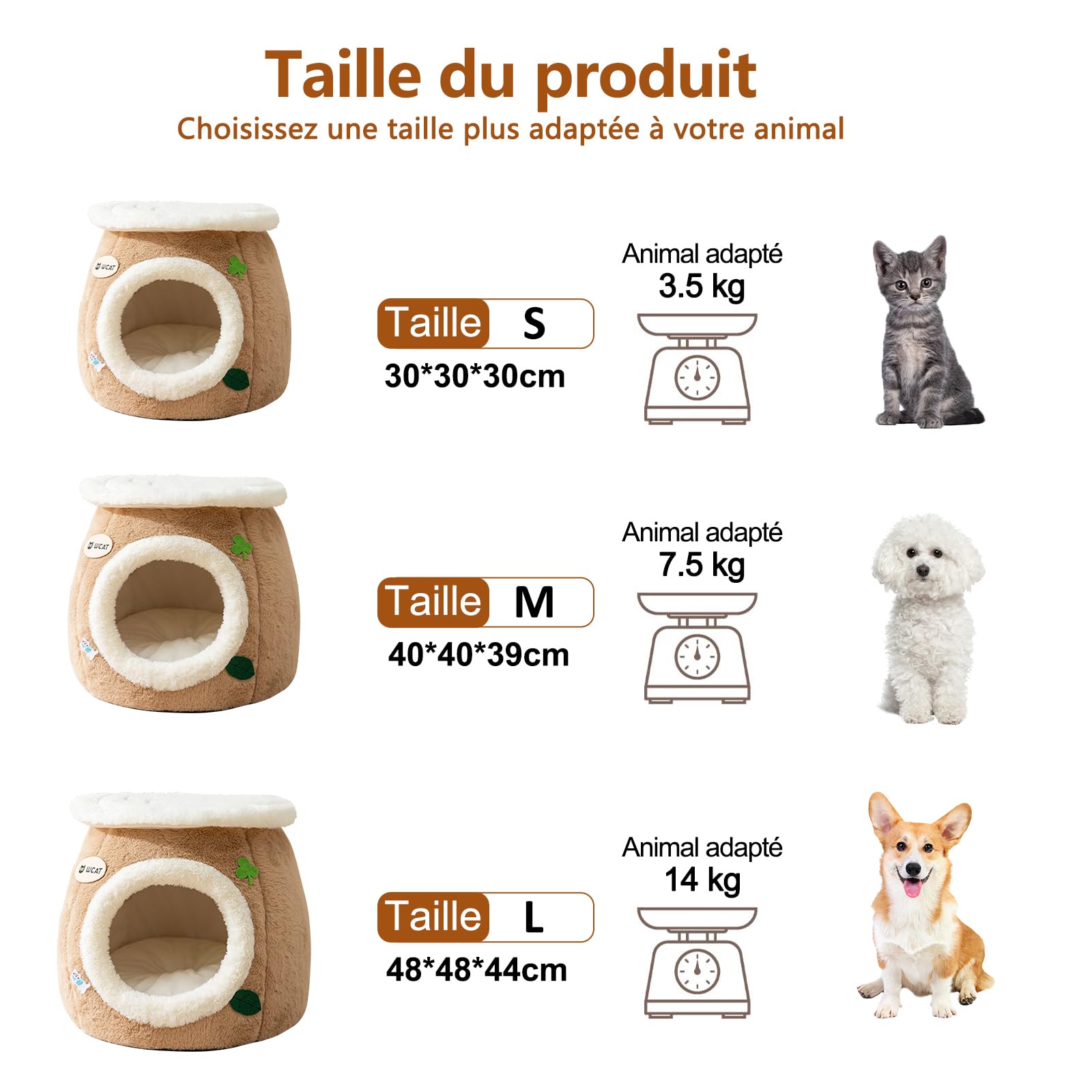 Galatée Niche pour Chat, Lit en Peluche Ultra Doux avec Dessous Antidérapant, Niche pour Chien Au Design Mignon Et Dessin Animé, Nid Spacieux, Tipi pour Chat Chaud Et Confortable(L, Marron)