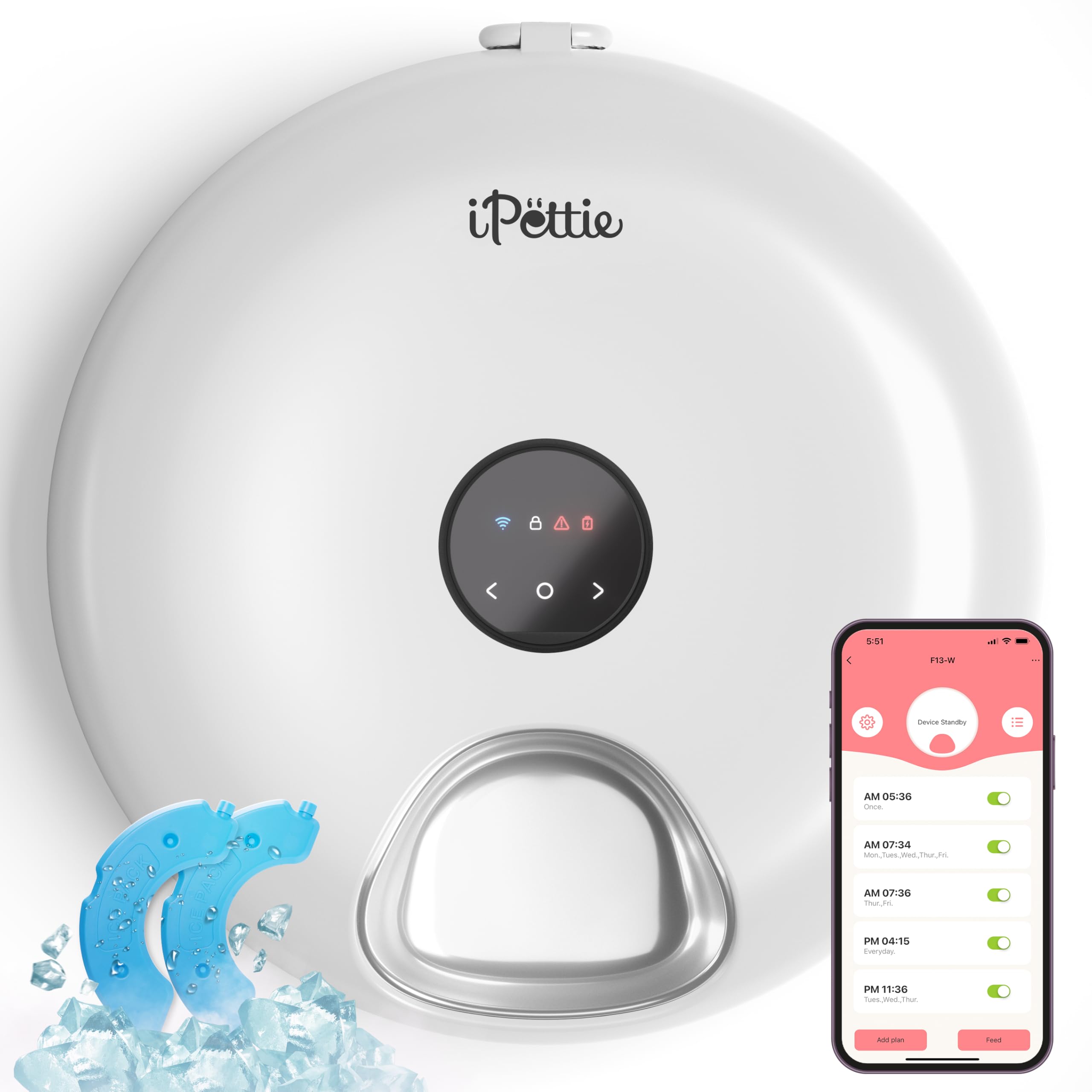 [Stainless Steel Tray Version] iPettie Donut Frost WiFi 6 Meal Automatic Wet Food Feeder with Ice Packs for Senior and Weak Pets, App Control Programmable Timer, Holds 6 x &frac12; lb. of Food, White