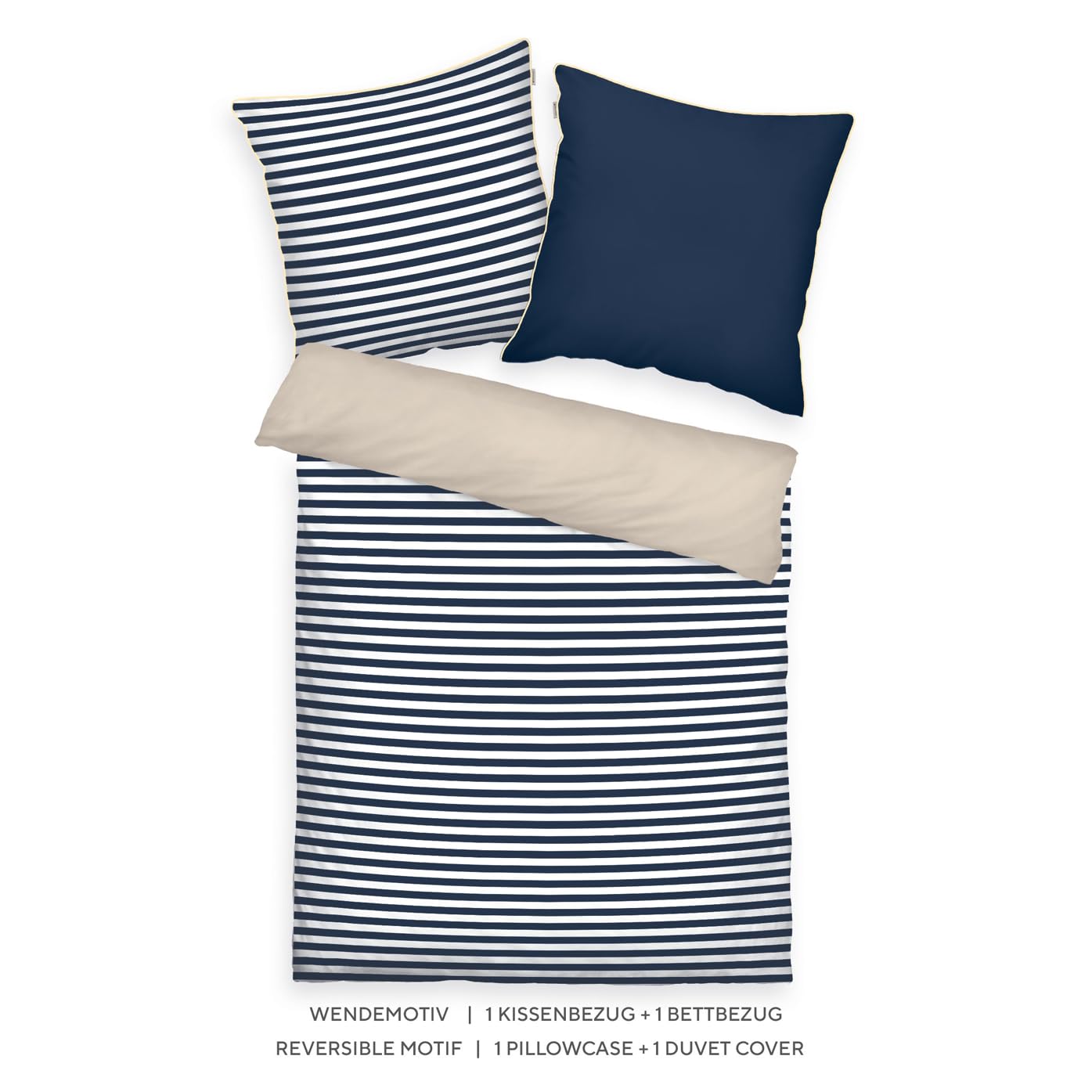 TOM TAILOR Bettwäsche Stripes with a Kick Dark Navy & Sunny Sand, 80x80 cm + 155x220 cm, 100% Baumwolle/Perkal, mit Wendemotiv, farbiger Paspel am Kissen und Markenreißverschluss