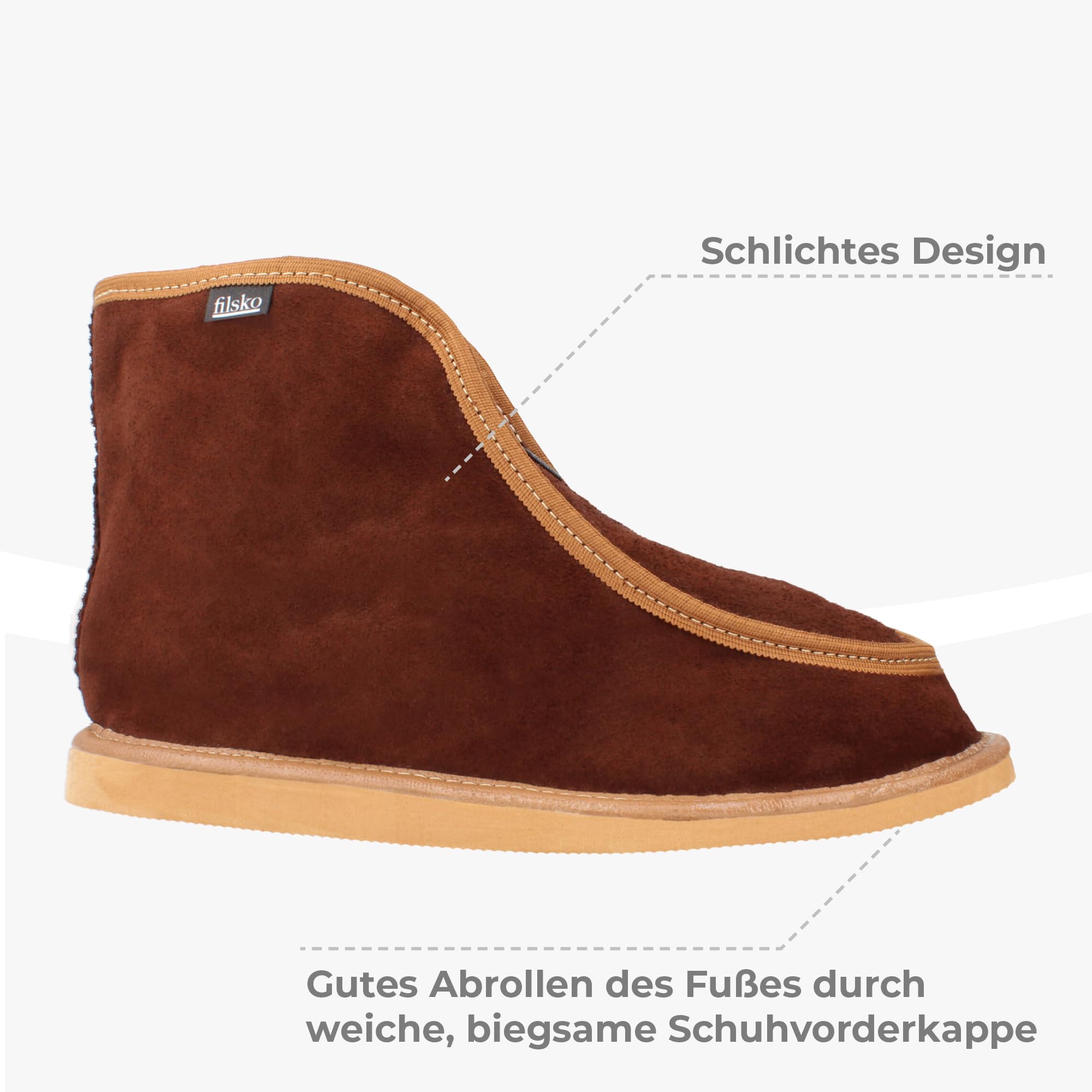 Damen & Herren Hüttenschuhe Hausschuhe | Unisex | in braun Skier | Winterhausschuhe mit Schafwolle gefüttert | mit Reißverschluss | reicht über den Knöchel | EU-Schuhgröße 36 bis 50
