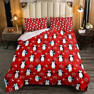 Penguin Down Comforter Twin Size Kawaii Penguin Comforter Set Antarctic Animal Bedding Set For Kids Boys Girls Cartoon Cute Winter Theme Duvet Set Snowflake Pattern Quilt Set Bedroom Decor, Red