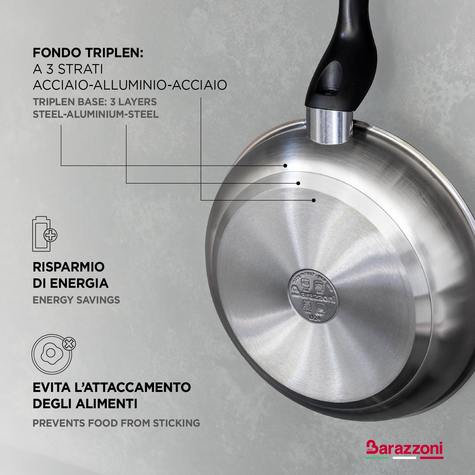 Barazzoni Le Inoxidabili Padella, ø24 cm, Made in Italy, Acciaio Inox 18/10, Induzione+Gas, Triplo fondo, PFAS free