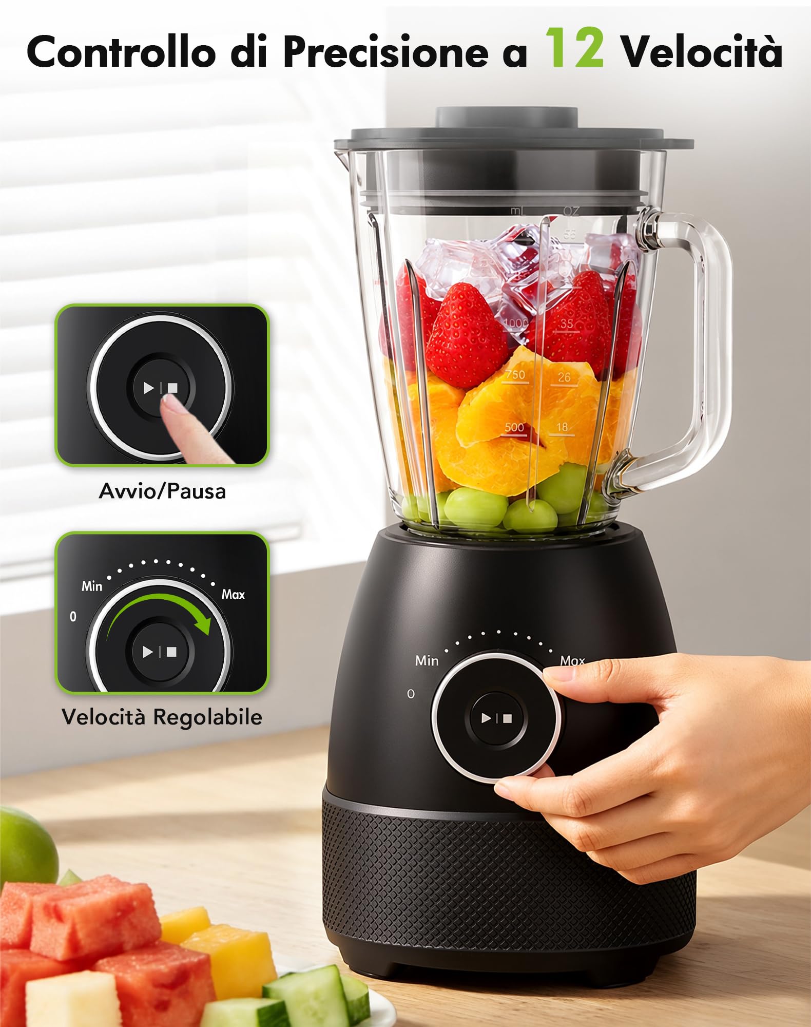 Frullatore, 1500W Elettrico Frullatore Smoothie con Caraffa in Vetro da 1,5L e Bottiglie Portatili 600ml, Velocità Regolabile, Lama in Acciaio Inox per Gelato, Frutta, Verdura
