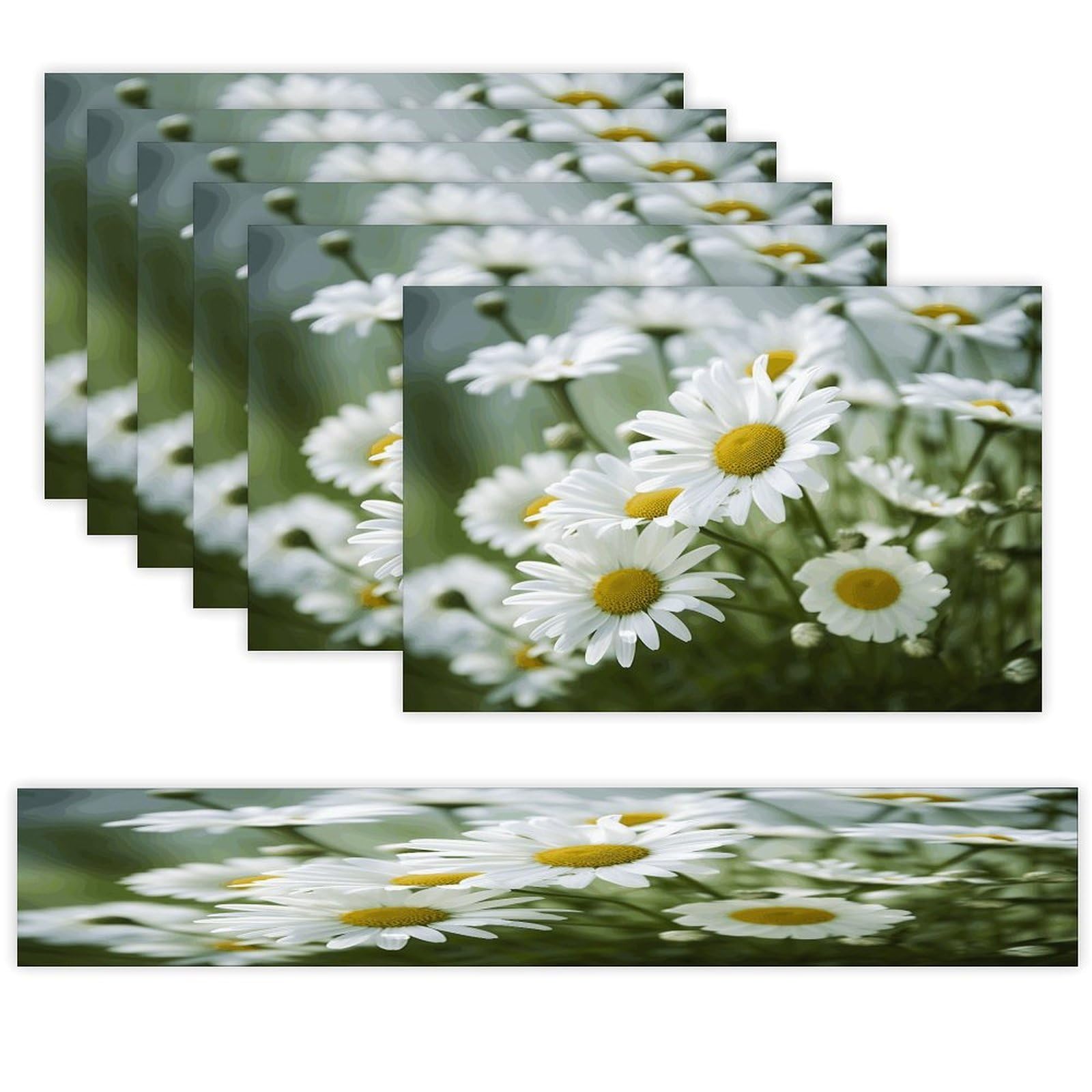 Daisies Flower Table Runner and Placemats Set of 6 for Kitchen Washable Table Mats Heat Resistant Place Mats Non-Slip Place Mat Wipeable Placemat(6 Placemats+1 Table Runner)