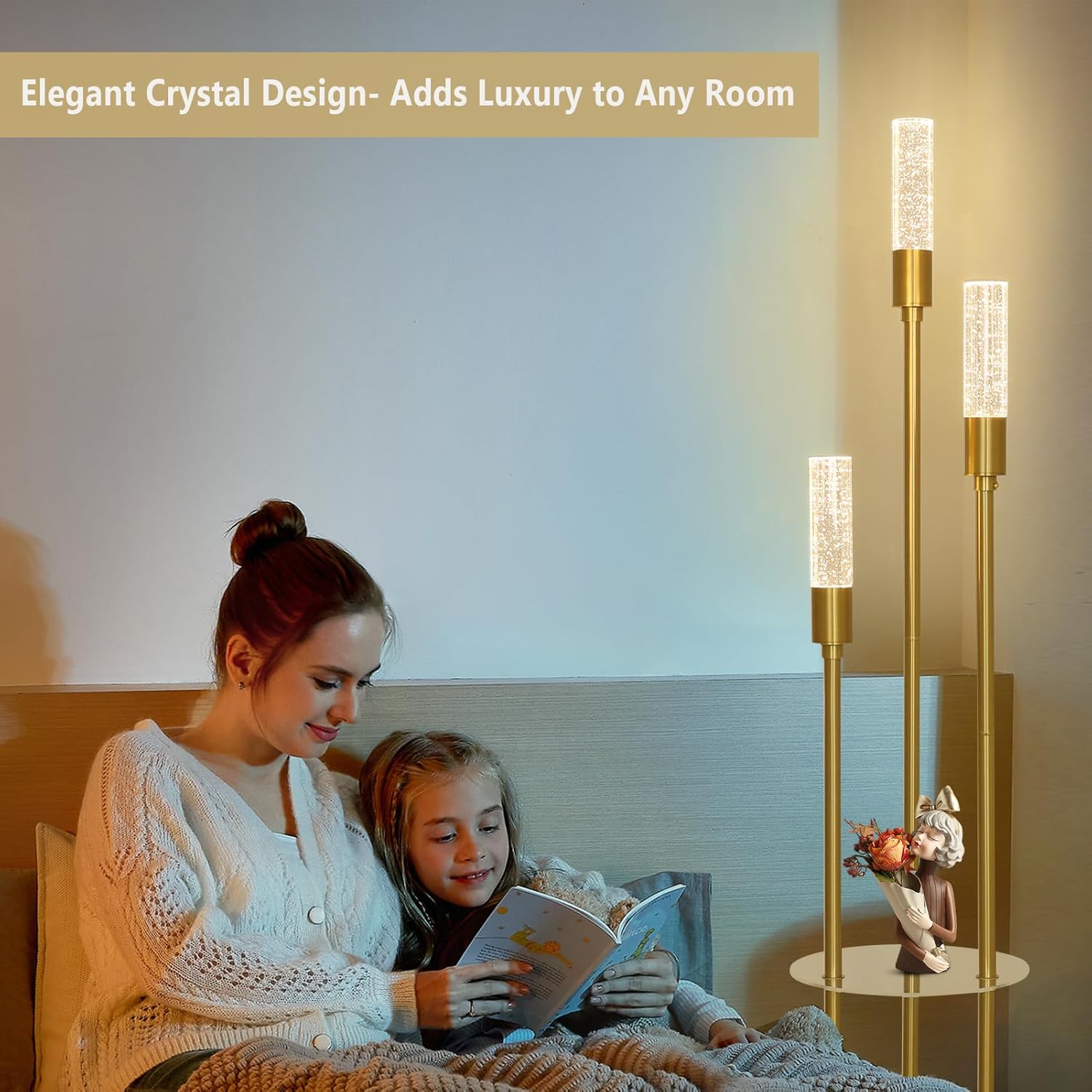 Modern Gold Floor Lamps for Living Room, Bubble Crystal Floor Lamp with Shelves, Built-in LED Lights, Brass Standing Lamps with Foot Switch, Corner Tall Floor Lamp for Bedroom, House Decor