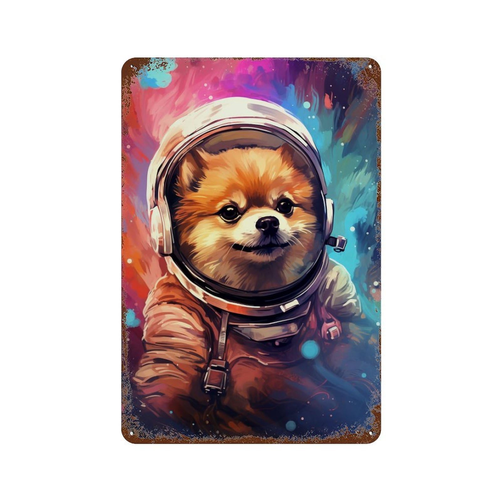 Space Pomeranian Adventure -7 Aged Metal Wall Plaque 11.8"x7.9", for Shed, Workshop And Garage Wall Decor, Old School Wall Decor