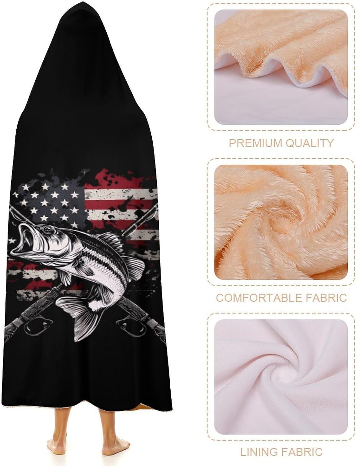 Flag of USA Bass Fishing Wearable Blanket Oversized Throw Cape | Cozy Hooded Blanket Gifts for Women Men