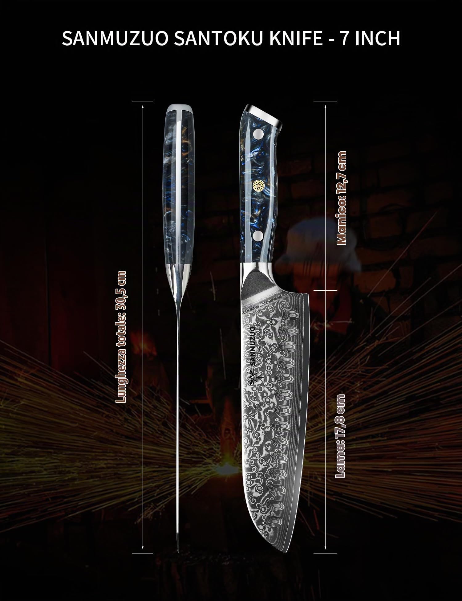 Coltello Santoku Professionale - Coltello da Cucina 18 cm, Coltello di Acciaio Damasco da 67 Strati- Impugnatura Ergonomica Resina - Xuan Series (Starry Black)