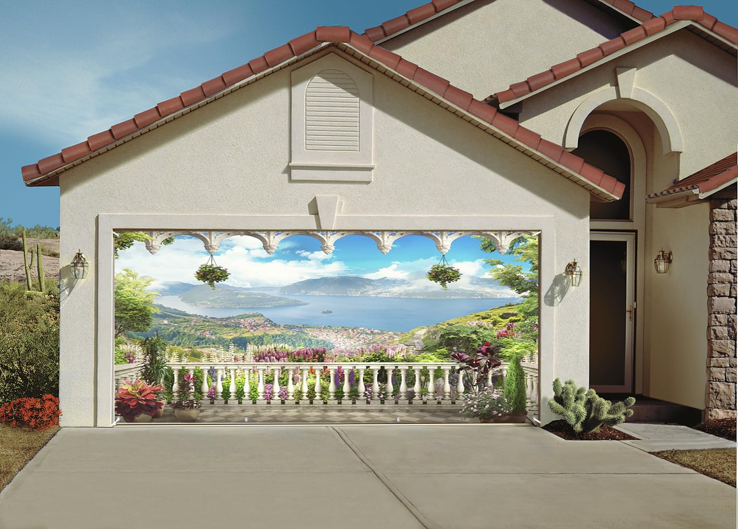 DORCEV 6x13ft Nature Landscape Garage Door Decor Flower House Balcony Mountains River Blue Sky White Clouds Garage Door Cover for Spring Theme Party