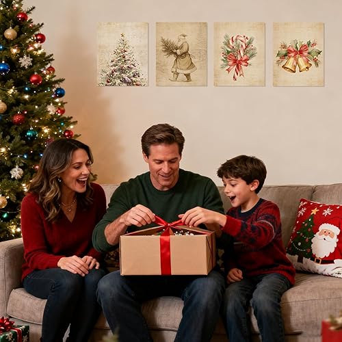 Miniatura 4 de JINYO Juego de 4 impresiones artísticas vintage de Navidad, diseño retro rústico de árbol de Navidad, Papá Noel, campana, bastón de caramelo,