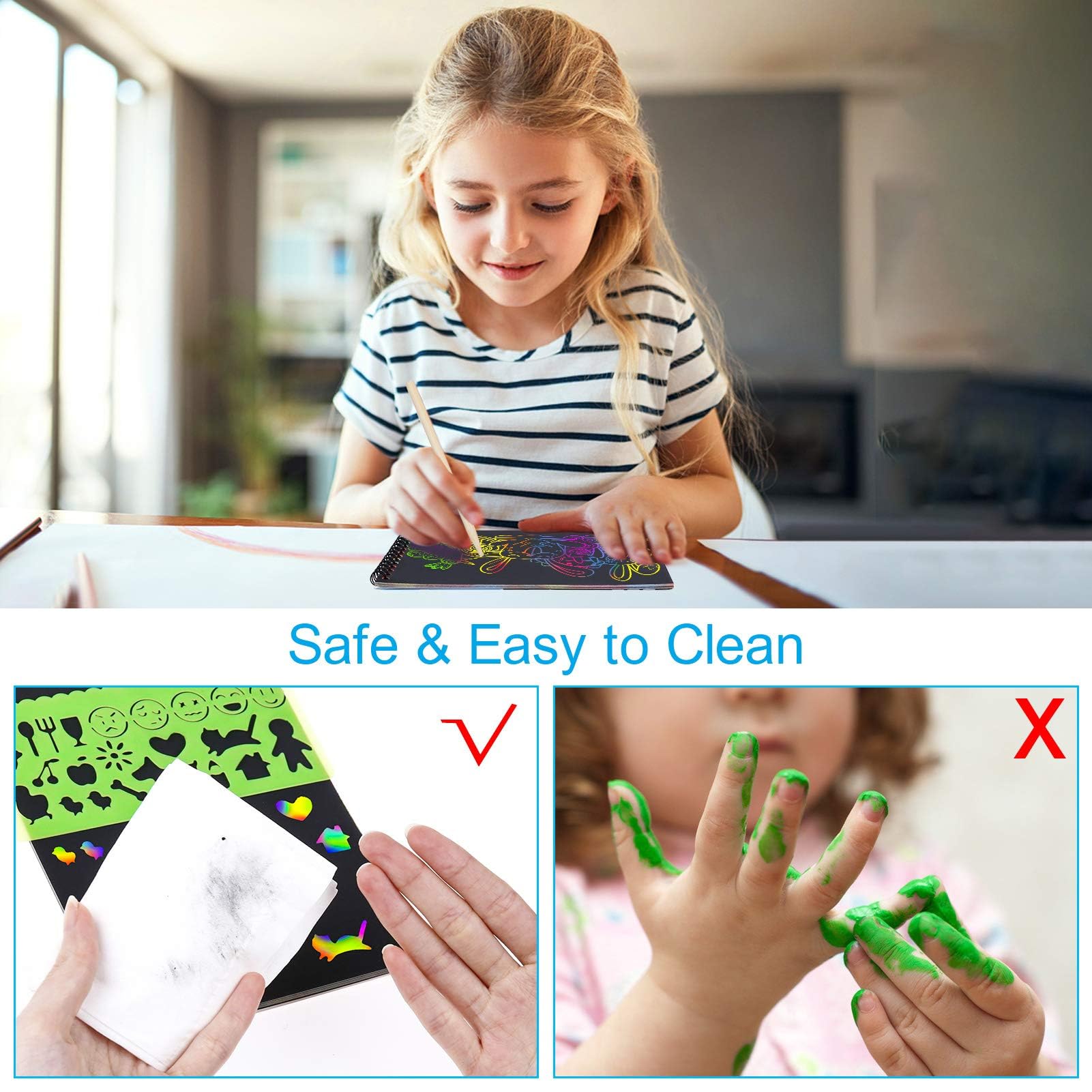 MELLIEX Dessin Gratter Enfants 2 Packs Scratch Art Livres Coloriage Papier Noir 4 Règles Gabarit 4 Stylets Bois