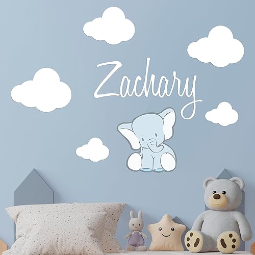 Serie de animales de elefante y nubes con nombre personalizado, para bebé niño, calcomanía de pared para decoración de habitación de bebé,