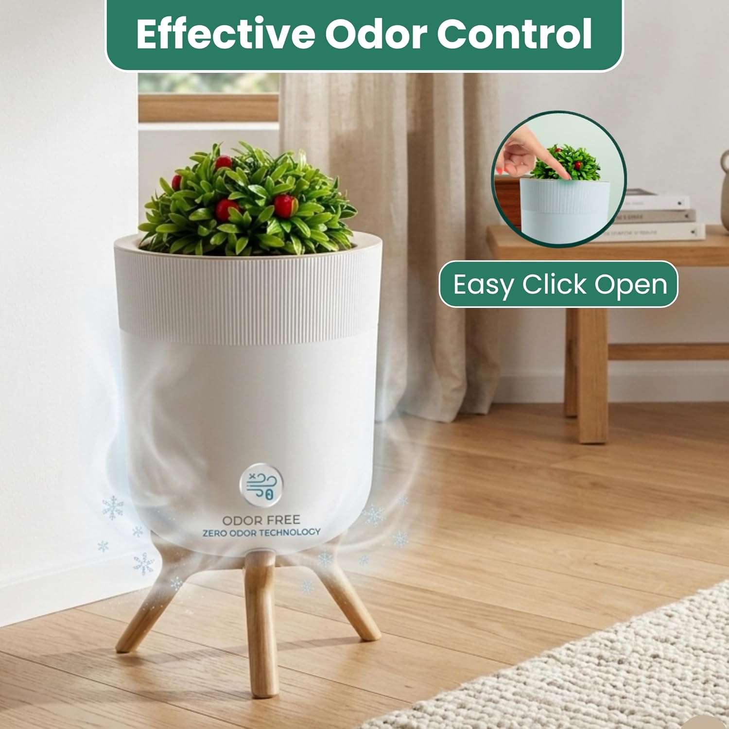 Small Bathroom Trash Can with Plant Style Lid, 1.8 Gallon, White, Small Bathroom Garbage Can, Decorative Wastebasket for Bedroom, Office, and Bathrooms, Trash Bin That Looks Like a Plant