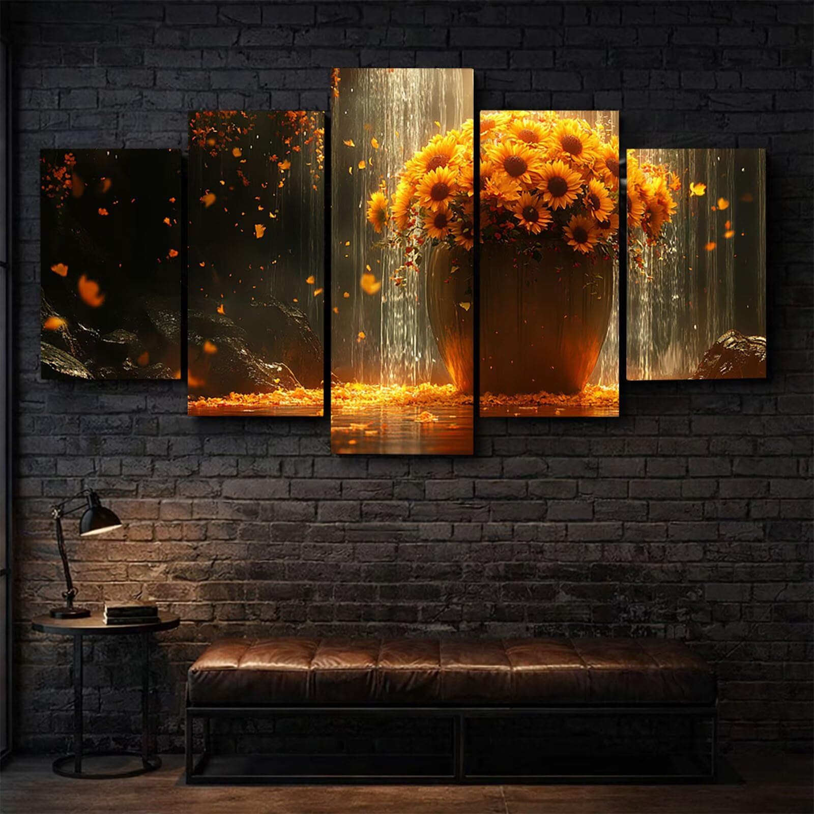 5 Pack Leuchtend Malen Nach Zahlen Erwachsene Sonnenblume YCBZ-3516 | DIY Set Erwachsene mit Pinselset Acrylfarben Set Fünf Leinwand zum Bemalen Wasserfall Deko Wohnzimmer Geschenke für Frauen
