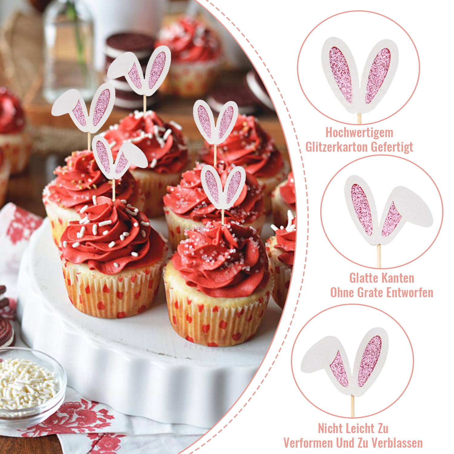 Esshogo Easter Bunny Cake Decoration, Pack of 12 Rabbit Ears, Cake Decoration, Rabbit, Cupcake Decoration, Rabbit - Image 3