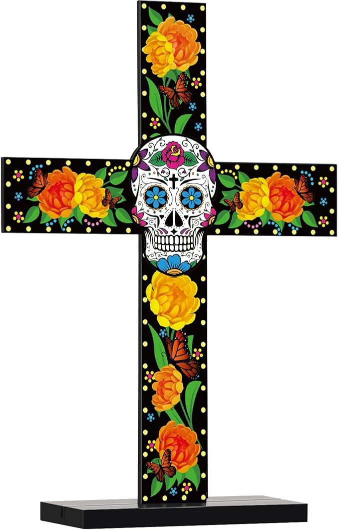 Thyle Day of the Dead Cross Table Decor Dias De Los Muertos Ofrenda Decorations Wooden Mexican Sugar Skull Cross Day of the Dead Altar Statues Figurines Offering Decoration(Large)