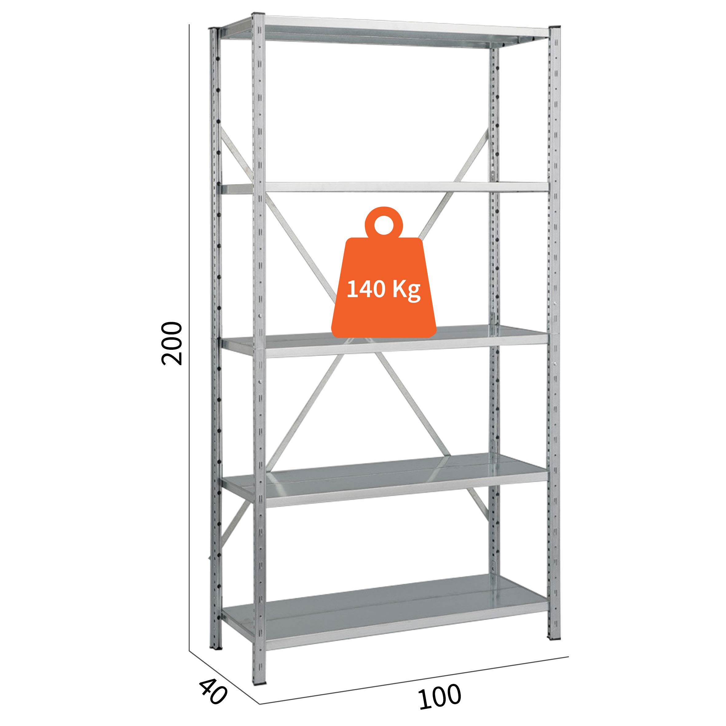 Scaffale PROFESSIONALE in metallo 5 ripiani cm L100xP40xH200, Portata 700 Kg, Zincato, Incastro Modulo BASE