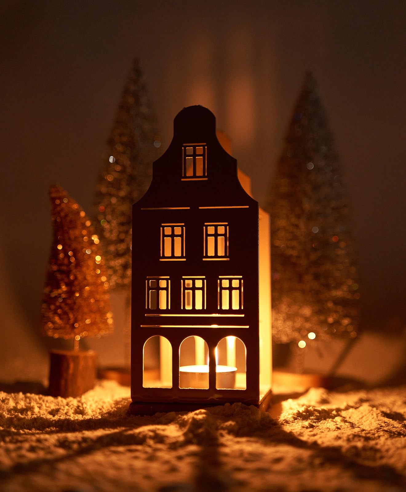Windlicht Metall & Holz Nobelstrehle Nr. 1 - Teelichthalter Haus-Motiv - Laterne - Kerzenständer - Kerzenhalter - Deko Windlichter - Tischdeko (RAL 9010 Reinweiß)