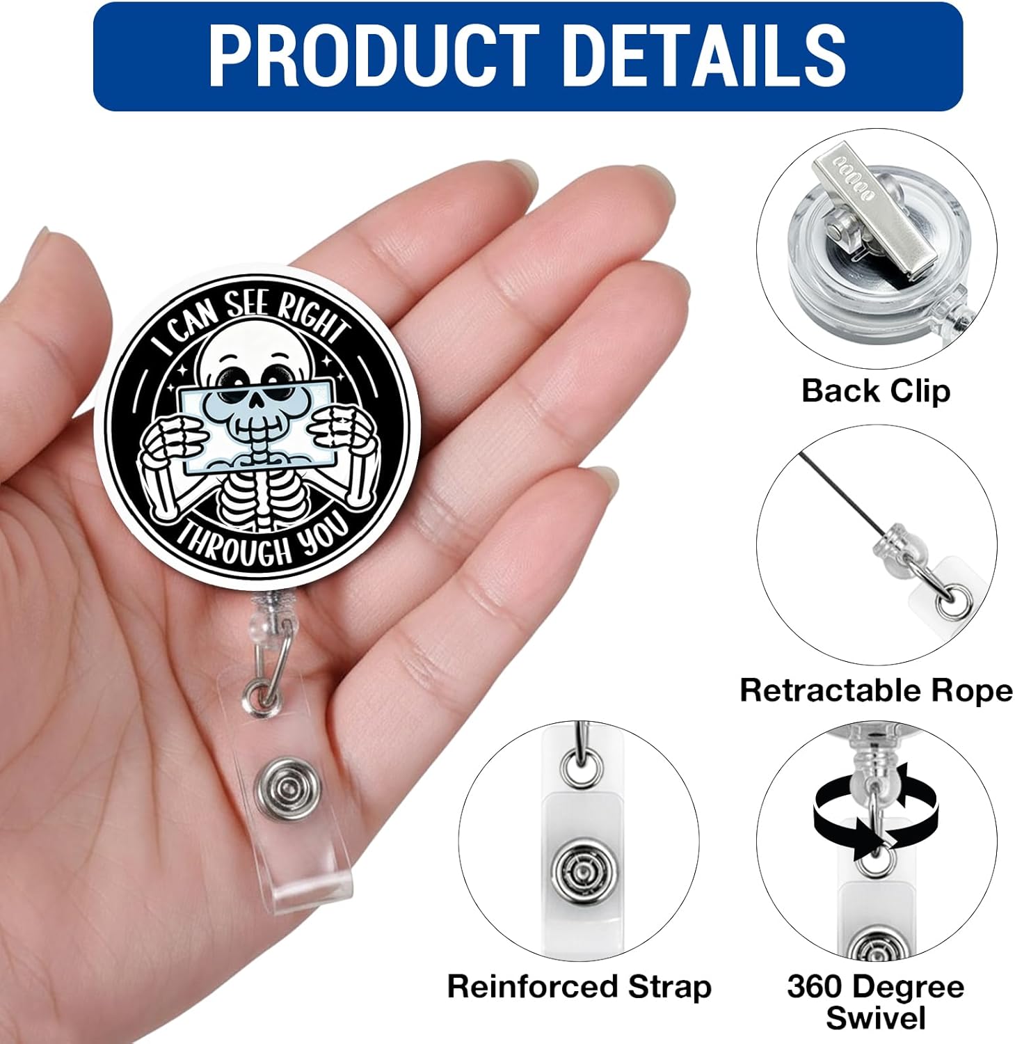 Skeleton X-Ray Badge Reel, I Can See Right Through You Badge Holder Retractable, Funny Gifts for Radiologist Doctor Nurse Radiology Student X-Ray Tech Rad Tech - Image 2