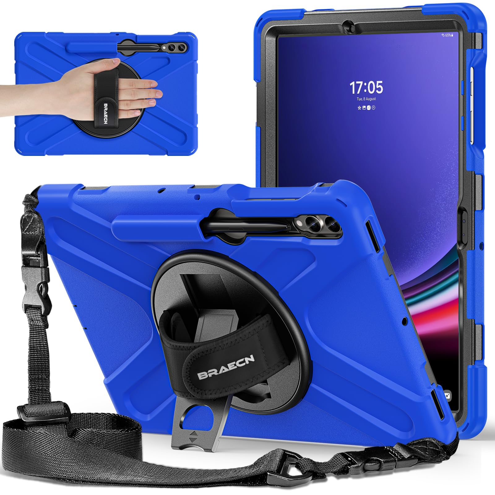 BRAECNstock Case for Samsung Galaxy Tab S9 FE+ Plus/ S9+ Plus/ S8+ Plus/ S7 FE/ S7+ Plus 5G 12.4 inch, Shockproof Protective Kids Tablet Cover with Pen Holder, Rotating Hand Strap&Stand, Blue