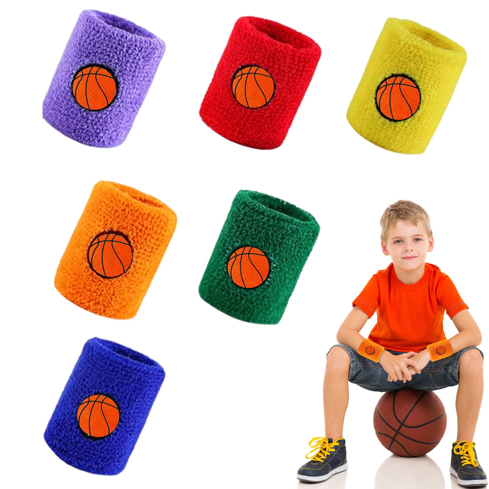 6 Pièces Bracelets de Sport pour Enfants, Bandeaux de Poignet Élastiques en Éponge, Poignet Bandeau pour Sport, Bracelets Absorbants pour Le Football, Le Basket-Ball, l'athlétisme