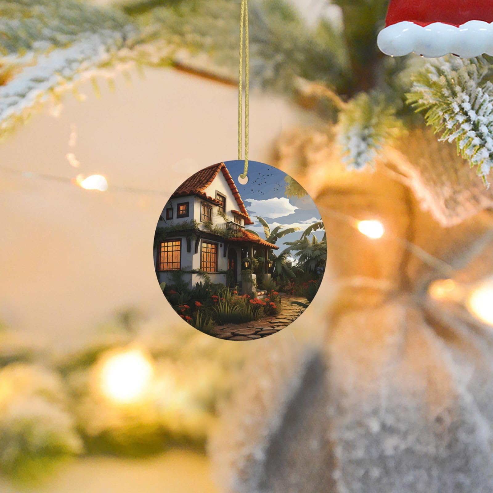 Christmas Tree Ornaments Ceramics Christmas Round Decorations Farmhouse Ceramics Ornaments Circle Pentagram Xmas Tree Hanging Pendant for Christmas Tree Party Holiday Home Decor