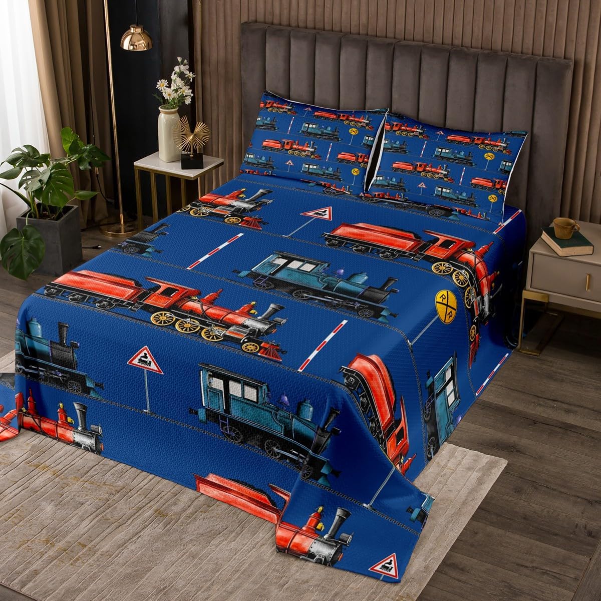 Castle Fairy Retro Train Bedspread Twin Size,Red Green Blue Choo-Choo Bedding Set,Rail Transport Vehicles Comforter Set for Kids Boys Teens Bedroom Decor,Dark Grey Black Quilt Coverlet,1 Pillowcase