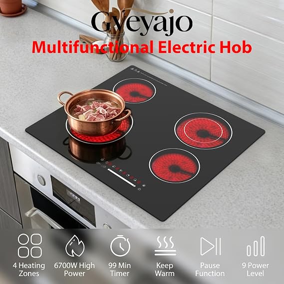 Ceramic Hob 6700W, Built-in 4 Zones Electric Hob, 60cm Electric Ceramic Hob with Slide Control, Dual Ring Design, Child Lock, Hard Wired, No Plug Included