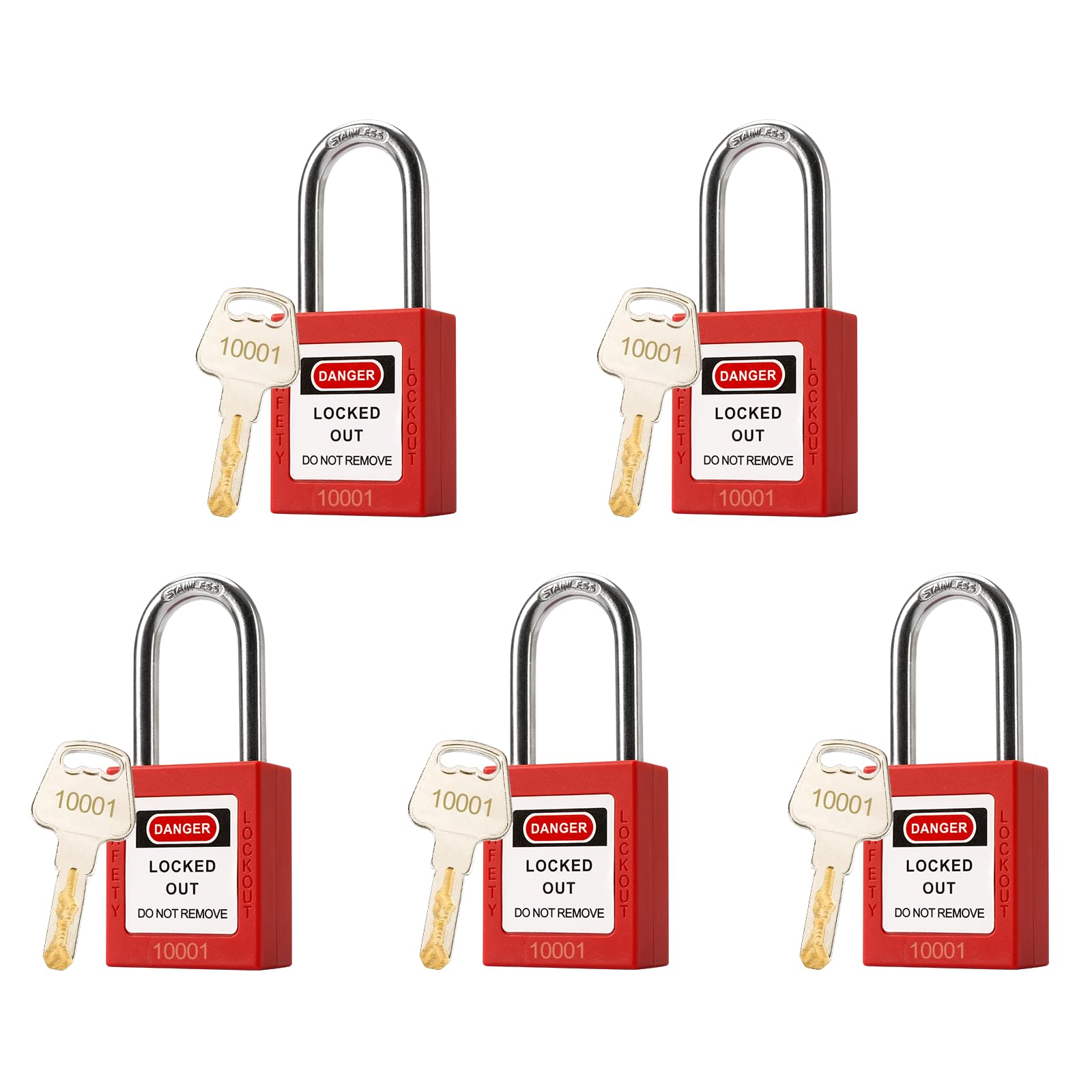 5 cerraduras rojas con etiqueta, con llave igual, cerraduras de seguridad compatibles con OSHA (rojo, con llave igual)