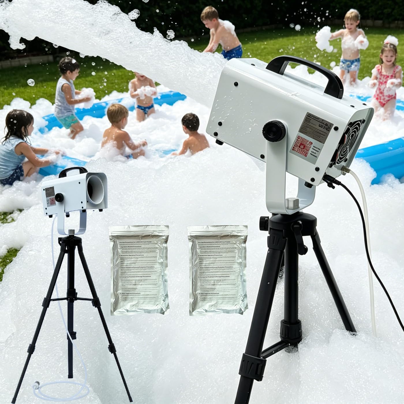 Photo 1 of LANGXUN 600W Foam Machine with Tripod Stand, Portable Party Foam Cannon Maker, Blue, Includes 2 Packs Foam Powder for Pool, Backyard, Outdoor Events, Birthdays, Summer Camp (White)