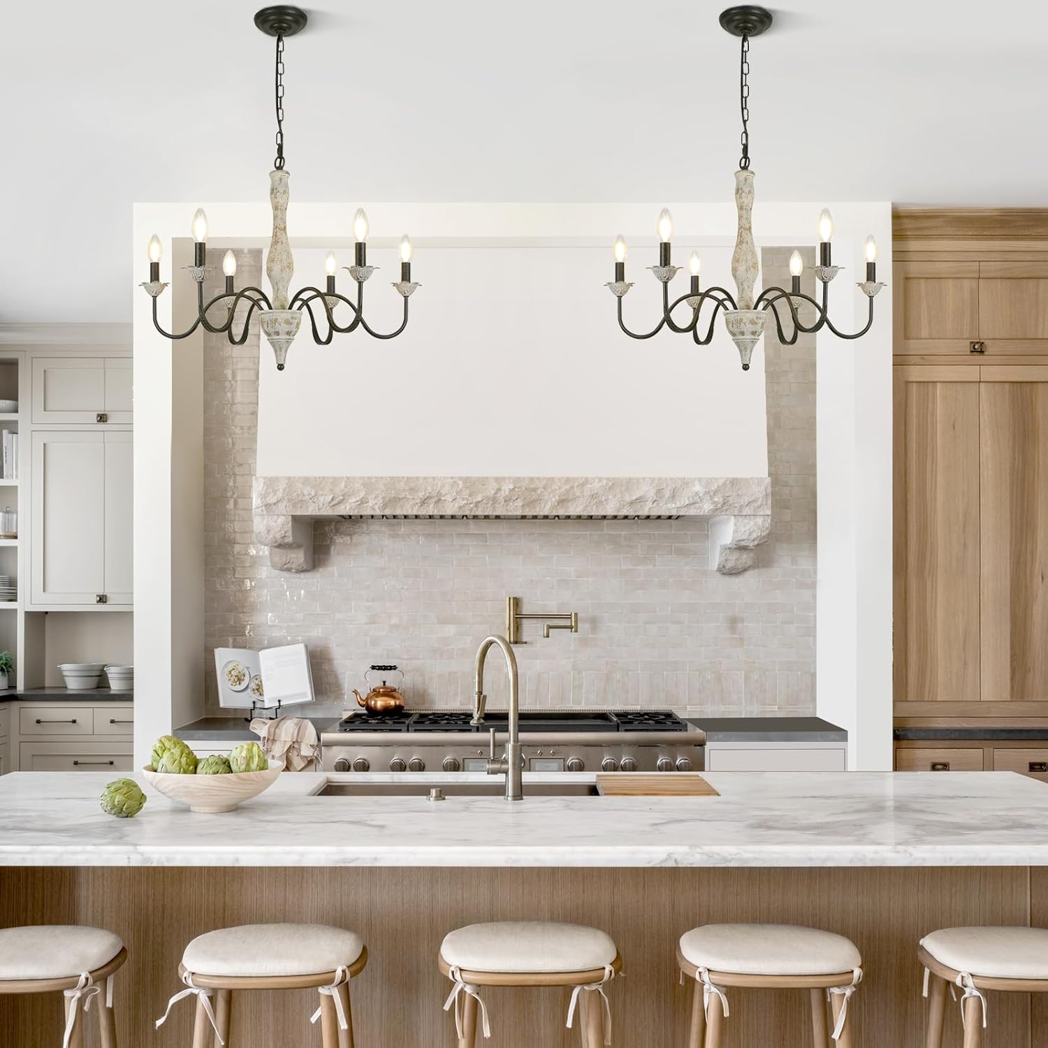 6-Light Wooden Farmhouse Chandelier, Rustic French Country Chandelier, Vintage Distressed Wooden Arm Light Fixture for Dinning Room, Bedroom, Kitchen Island, Cottage, Foyer, Hallway