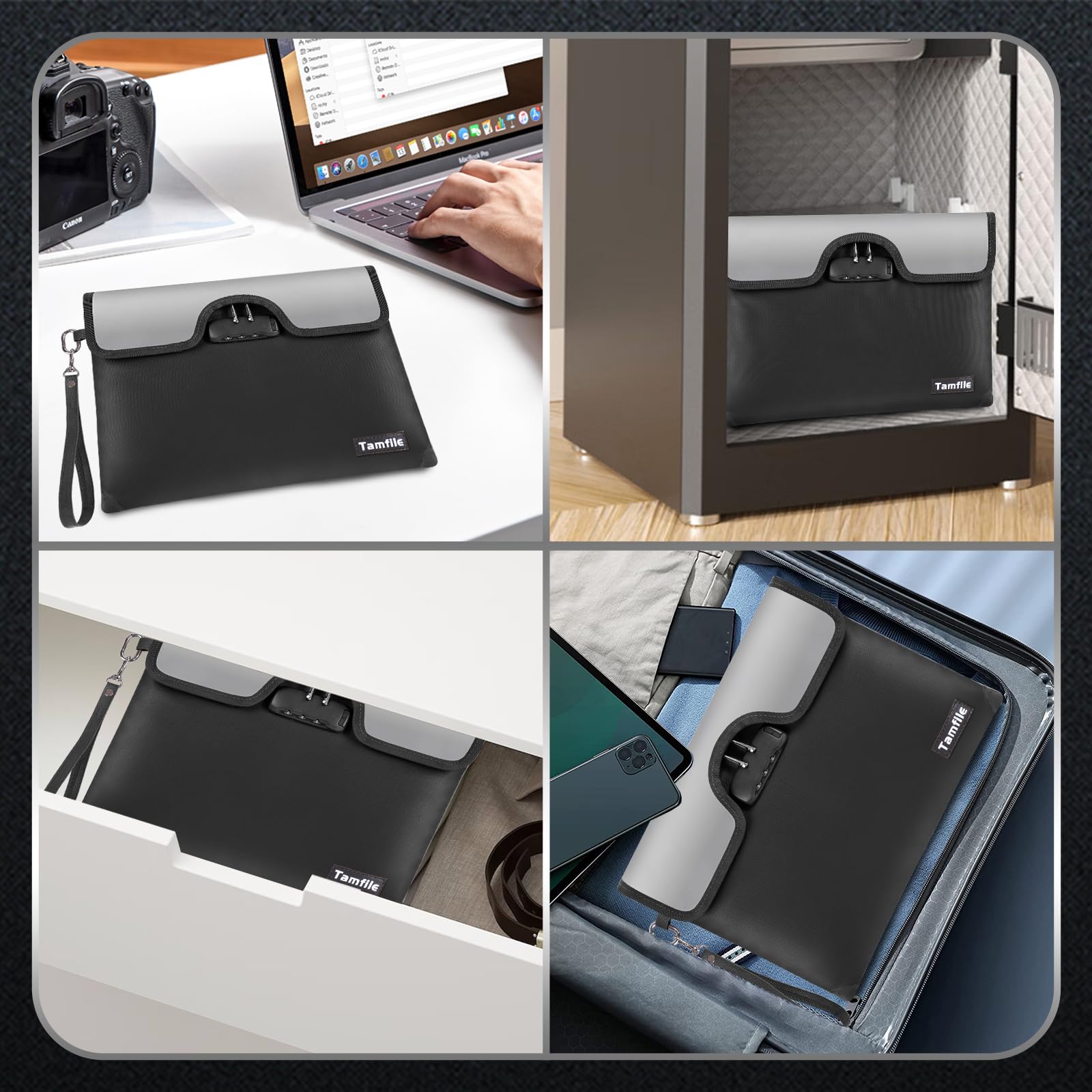 Tamfile Sac à Documents Anti-feu 5200°F avec Serrure, Sac d'argent Résistant à l'eau 34 * 25CM, Bande de Pochette de Rangement Ignifuge pour Documents, Bijoux, Passeport, Tablette, Noir