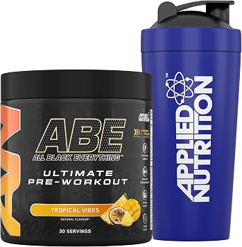 Applied Nutrition Bundle ABE Pre Workout 375g + 750ml Steel Protein Shaker | All Black Everything Pre Workout Powder with Creatine, Beta Alanine, Energy & Physical Performance Tropical