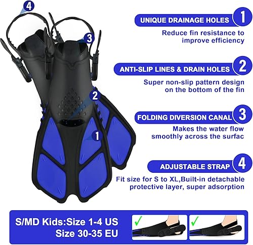 Miniatura 3 de AosDero Juego de esnórquel para niños aletas ajustables para natación máscara de esnórquel panorámica tubo de esnórquel seco  bolsas de viaje equipo