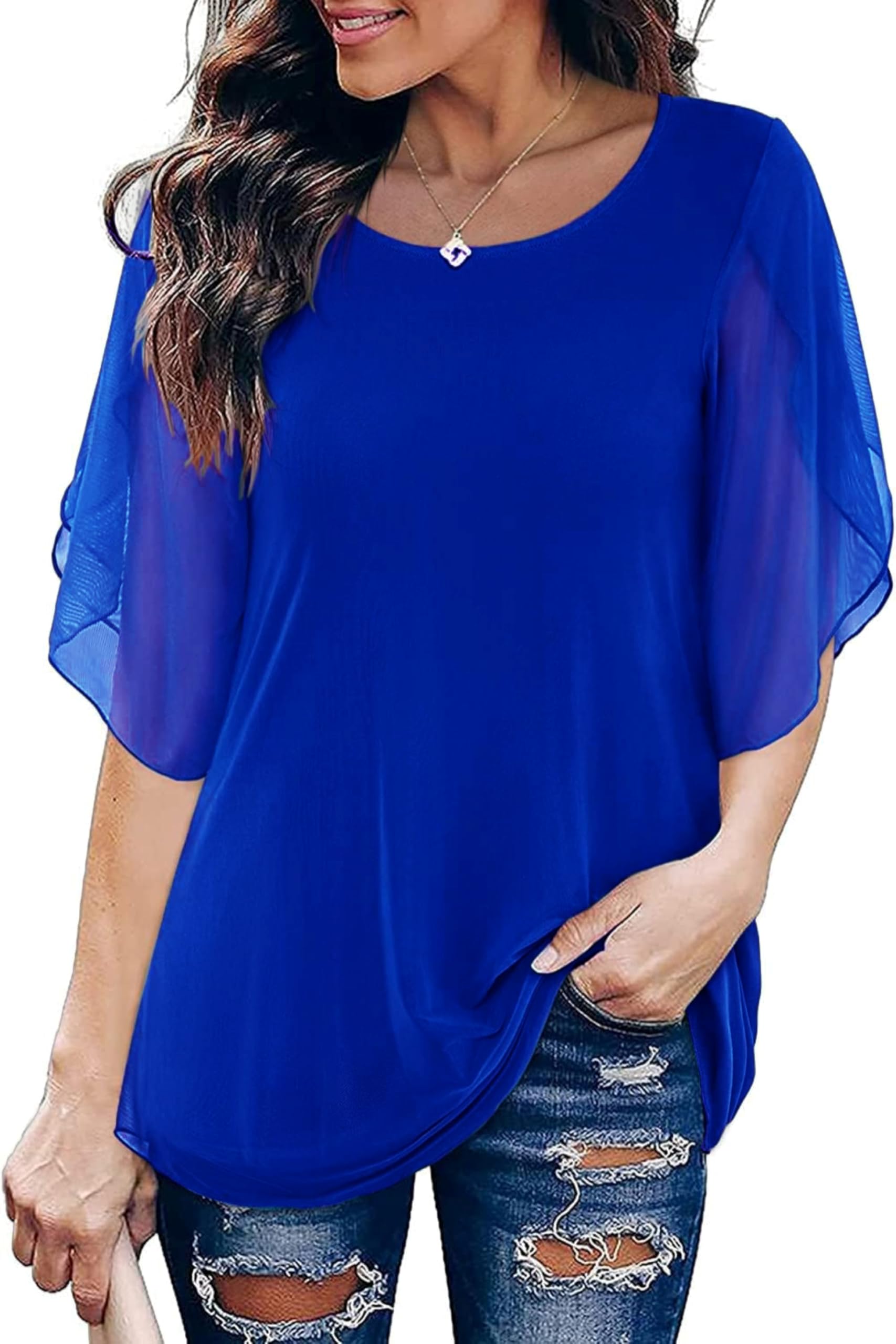 Timuspo Tunique en mousseline de soie pour femme - Col rond - Grandes tailles - Demi-manches - Pour l'été - Coupe ample