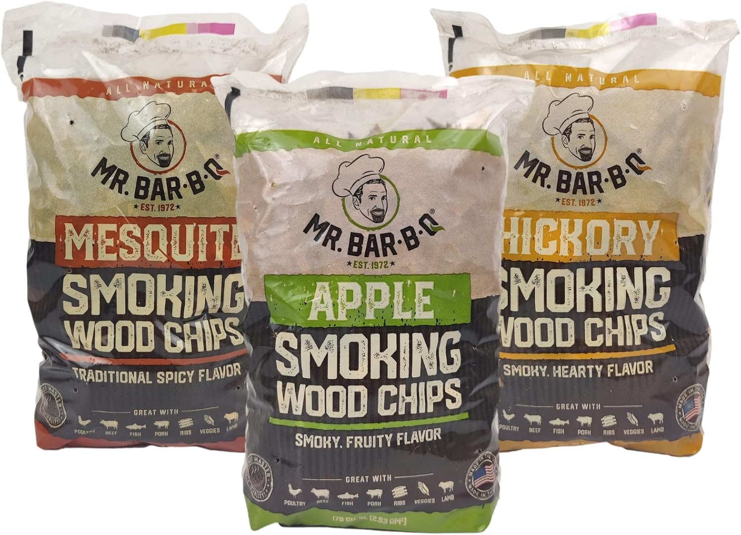 Wood Smoker Chips Bundle of 3 Flavors - Apple, Mesquite & Hickory Wood Chips by Mr. Bar-B-Q, Can be Used on Gas & Charcoal Grill, Variety of Flavors for Smokers, Grilling, BBQ, Camping(3 x 1.6 Lb Bag) Blend of 3