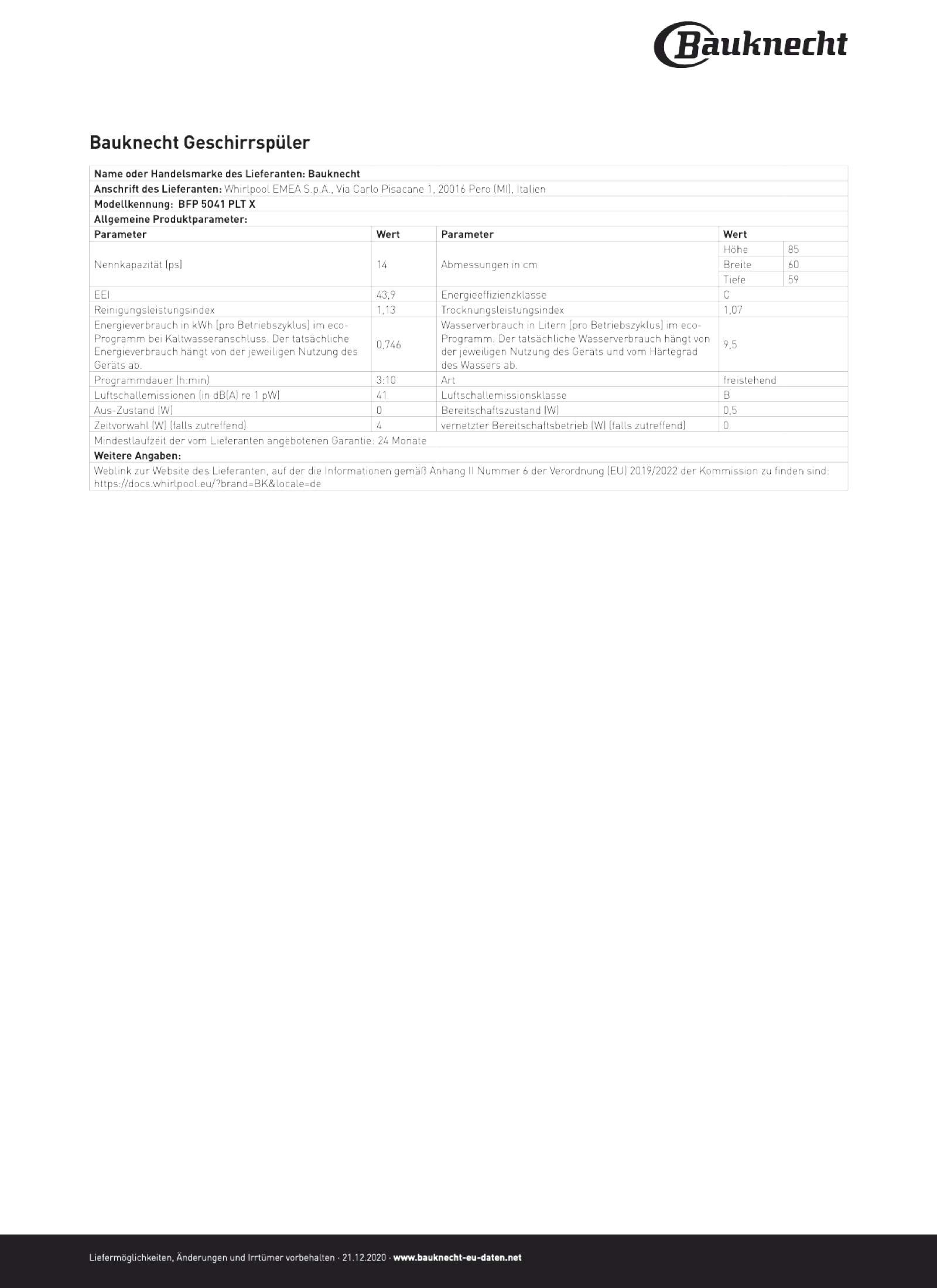 Bauknecht BFP 5O41 PLT X Freistehender Geschirrspüler 60 cm /14 Maßgedecke /10 Standardprogramme und 1 Sensorprogramm/PowerClean/ActiveDry/ProComfort-Besteckschublade/Vollwasserschutz